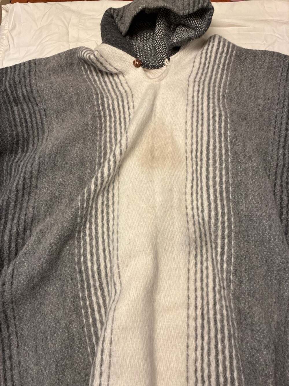 Handmade Alpaca Wool Hooded Poncho Unisex Striped Grey and White